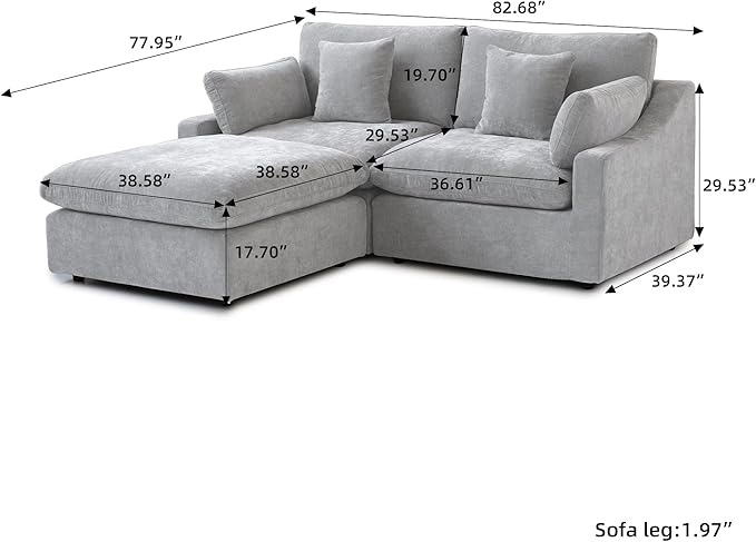 WJShome 83" Cloud Couch Sectional for Living Room, Down Filled Modular Sectional Sofa,L Shaped Sofas with Ottoman,Convertible Couch, Sofa Covers Washable&Replaceable,Gray