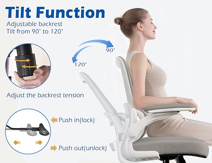 TRALT Ergonomic Office Chair - Desk Chair with Adjustable Lumbar Support Computer Chair - Mesh Comfy Chair with Flip-up Armrests - Gaming Chairs for Adults Home Office (Leather, Grey)