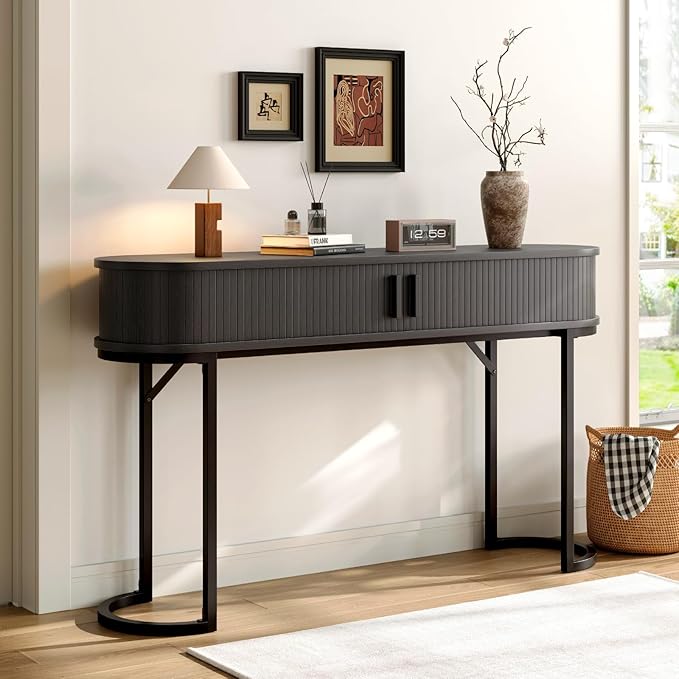 ONBRILL 55 Inch Console Table with 2 Drawers, Entryway Table with Sliding Door, Long Sofa Table Behind Couch w/Metal Leg, Mid-Century Modern Console Table for Entryway, Hallway, Living Room,Black