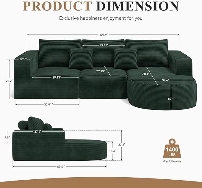 Modular Sectional Sofa with L-Shape Chaise,Cloud Sectional Modern Sleeper Couch with Deep Seat,Sponge Compression Sofas No Assembly Required(Green-Corduroy Fabric) 1PCS