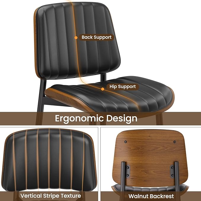 Dining Chairs Set of 8, FSC Certified Mid Century Modern Dining Room Kitchen Chairs, Upholstered PU Leather Vertical Stripe Chairs for Vanity with Walnut Bentwood and Metal Legs, Black
