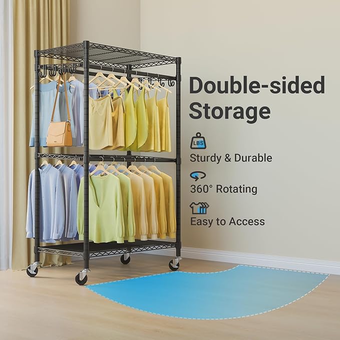 VIPEK R2 Pro Rolling Garment Rack 2-Sided Hanging Heavy Duty Clothes Racks with Wheels Adjustable Shelves Hanging Rods Metal Portable Closet Storage Freestanding Clothing Rack, Max load 600lbs, Black