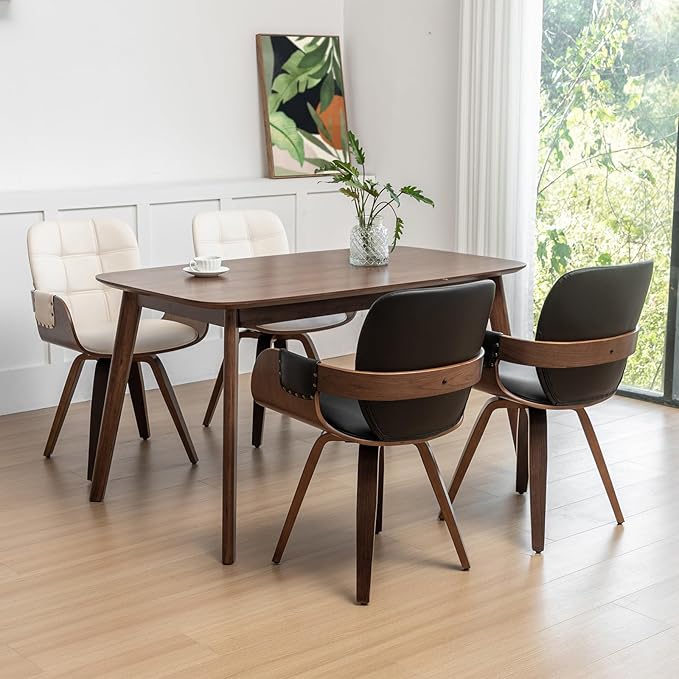 Set of 2 Mid Century Modern Chairs - Swivel Dining Chairs with Arms and Curved Back, Faux Leather Reception Room Chairs, Ideal for Kitchen/Living Room/Reception/Desk (Walnut Black)