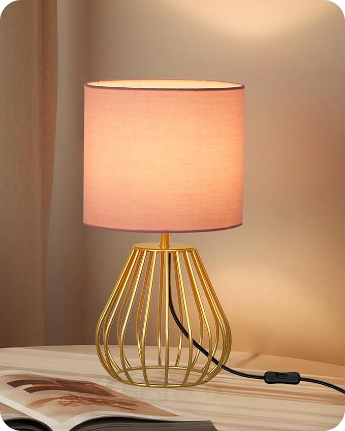 Pink and Gold Table Lamp, Small Bedside Lamp with Metal Base & Pink Linen Lampshade, Modern Nightstand Lamp, Little Cute Desk Lamp for Girl Kid's Room, 2700K LED Bulb Included, DP06TL05