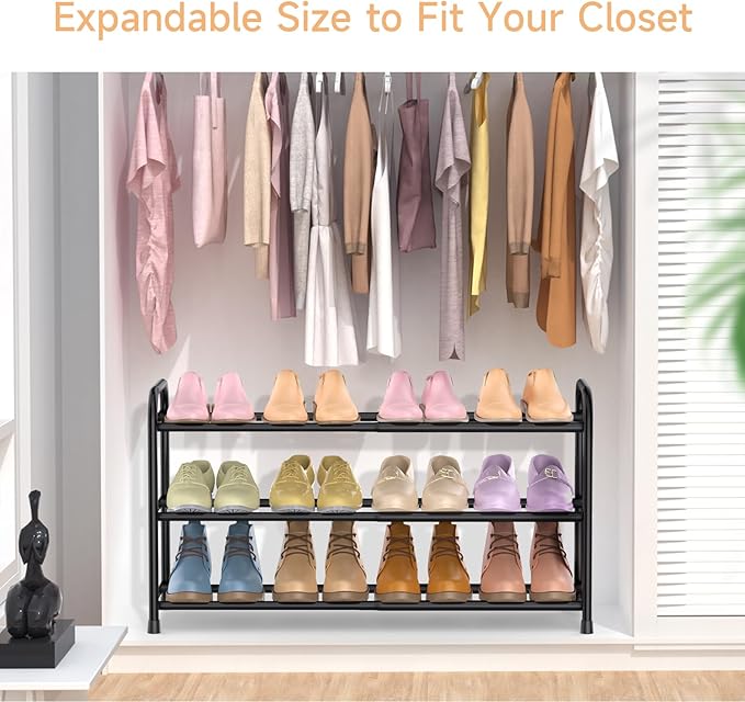 3 Tier Expandable Shoe Rack, Adjustable Shoe Shelf Storage Organizer, Black Shoe Organizer for Closet, Free Standing Shoe Rack for Entryway, Closet, Doorway, Garage