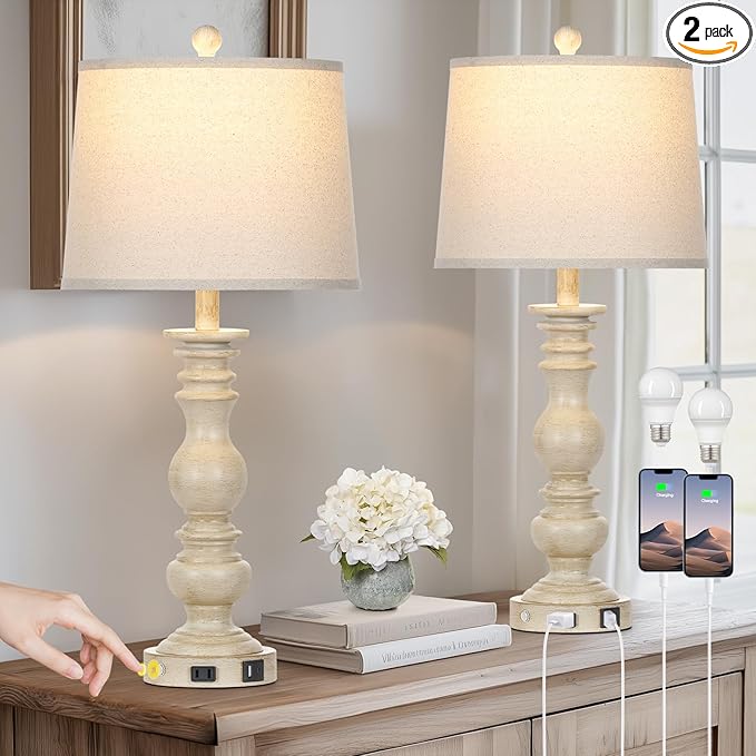 28" Farmhouse Table Lamps Set of 2 with USB C+A Ports & AC Outlet for Vintage Living Room Retro Bedroom,3-Way Dimmable Touch Lamp Resin Bedside Lamps for Nightstand Side End Table, Beige