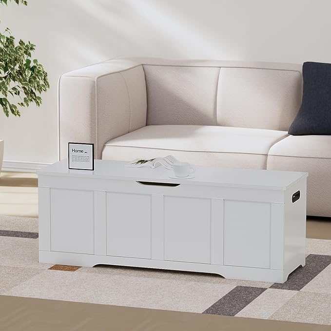 47.2" Storage Chest, Extra Large Storage Trunk with 2 Safety Hinges, Wooden Storage Bench, Shoe Bench, Entryway Bench for Living Room, Bedroom, White