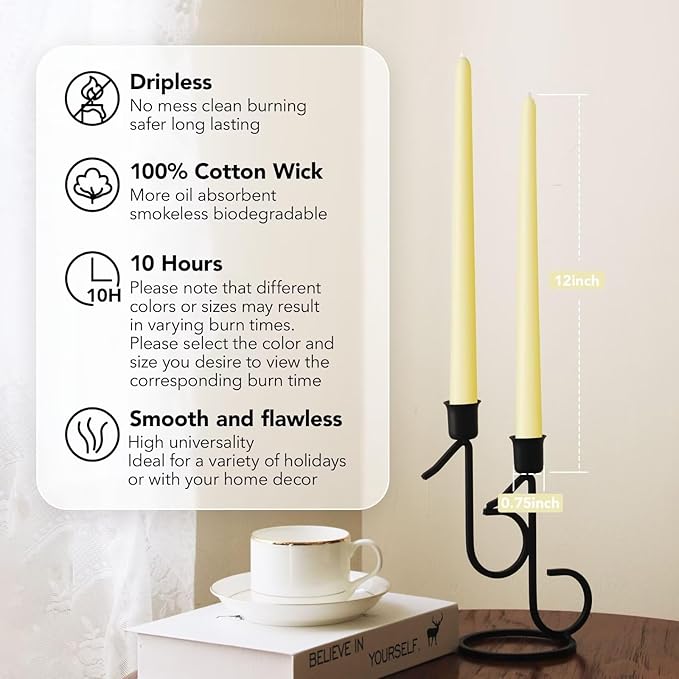 New Burning Formula Unscented Dripless 12-Inch Taper Candles Set of 12 - Ivory, for Wedding, Dinner - Smokeless, Long Burning - Hand Poured, Colored Tall Candlesticks - Marfil