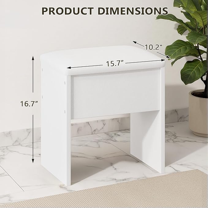 Small Makeup Vanity Stool,15.7" W x 10.2" D x 16.7" H，White（Easy Assembly,PU Cushion Mat, Footstool）