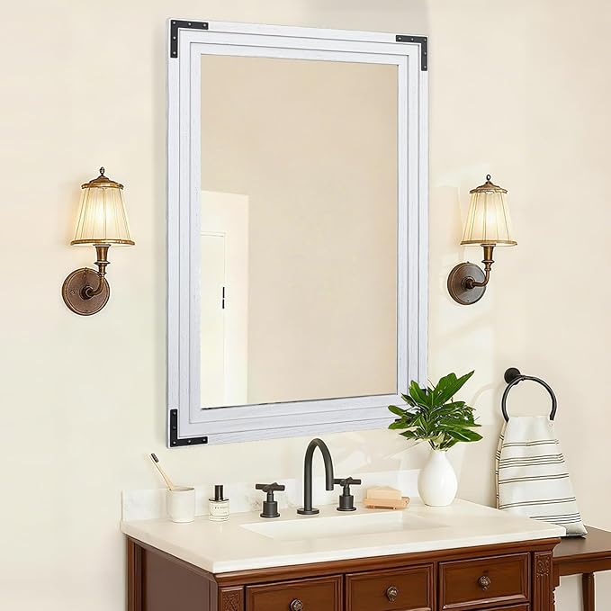 Full Length Mirror 36"x24" Solid Wood Frame Floor Standing Mirror, Hanging or Leaning Wall-Mounted for Living Room, Bedroom, Rustic White