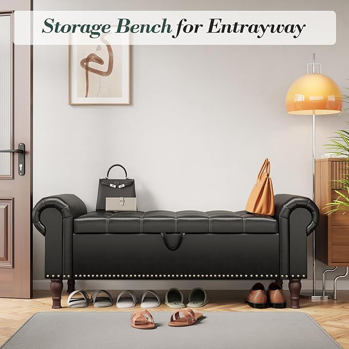 Apicizon 51” Bench with Storage, Queen Size Faux Leather End of Bed Bench with Tufted Button, Ottoman Bench with Rolled Arms & Vintage Rivets for Foot of Bed, Living Room, Entrance, Black