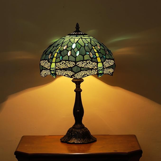 Tiffany Lamps Sea Blue Dragonfly Style Stained Glass Table Lamp Desk Bedside Reading Light 12X12X18.5 Inches with Bronze Resin Base Applicable to Bedroom Living Room Office