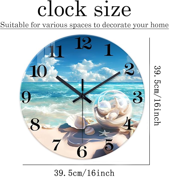 XNM Blue Round Office Wall Clock Large 16 Inch Beach Glass Clocks Battery Operated Silent Wall Clock Non Ticking