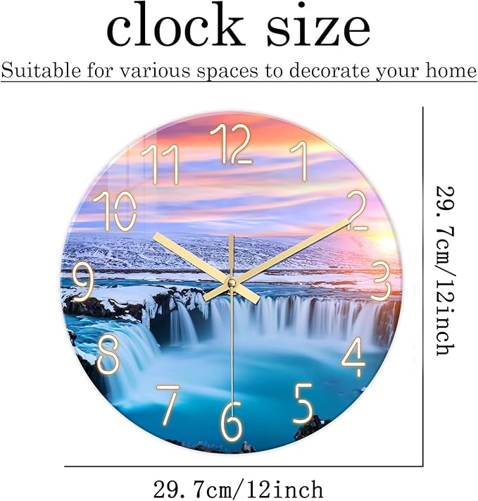 XNM Modern Blue Beach Wall Clocks Battery Operated 12 Inch Round Decorative Wall Clock for Living Room Quiet Waterfall Wall Clock