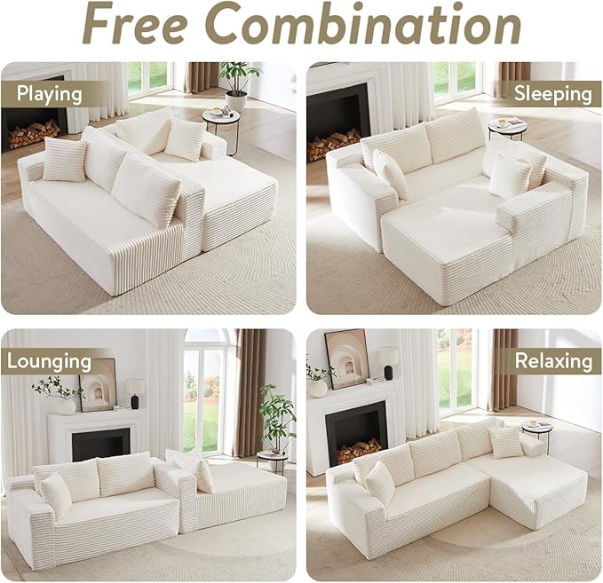 Modular Cloud Sectional Couch with L-Shape Chaise,Modern Upholstered Couches with Deep Seat,Corduroy Sponge Compressed Sofa for Living Room, Bedroom,No Assembly Required(Off White)
