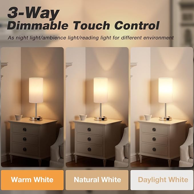 17.4Inch Bedside Touch Table Lamps for Bedroom - Tall Nightstand Lamp with USB-C USB-A Charging Ports White - 3 Way Dimmable Small Desk Lamp for Office, Dorm Room, Living Room, Reading