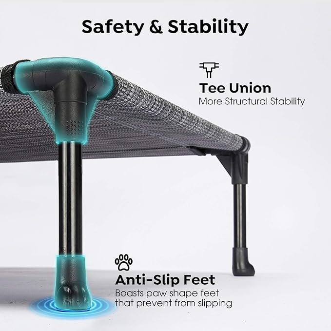 Veehoo Outdoor Elevated Dog Cot Bed, Cooling Raised Pet Bed for Small Dogs, Washable Breathable Mesh Hammock Bed with No-Slip Feet, Indestructible Ground Off Training Platform Cot-22"x17" Black Silver