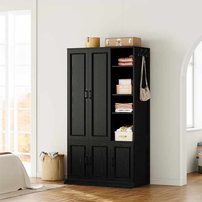 LIKIMIO Armoire Wardrobe Closet 70" H, 5 Doors Bedroom Wooden Wardrobe with 4 Storage Shelves and Hanging Rod, Clothing Storage Cabinet Organizer Combination, Black