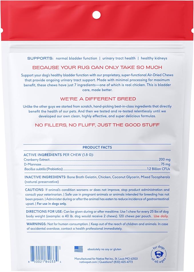 Native Pet Dog UTI Treatment - Cranberry Supplement for Dogs Bladder Control & Kidney Support - Prevent Urinary Tract Infection and Urinary Incontinence - Made with Real Cranberry Extract - 120 Chews