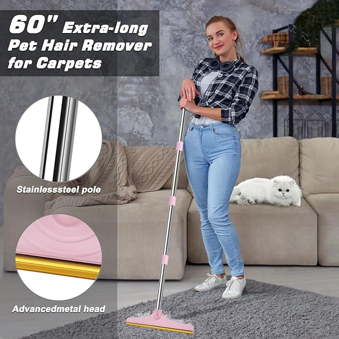 B-Land Carpet Rake for Pet Hair Removal, Reusable Pet Hair Remover with 60” Adjustable Long Handle, Carpet Scraper Dog Cat Hair Remover Tool for Rugs, Mats, Couch, Furniture Pink