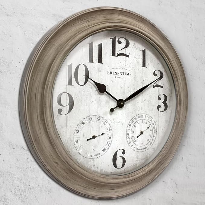 Presentime & Co. 26" Clifton in/Outdoor Farmhouse Clock with Thermometer & Hygrometer as All in One Weather Station, Farmhouse Wall Art and Timepiece for Home Decoration, Light Grey Oak Finish