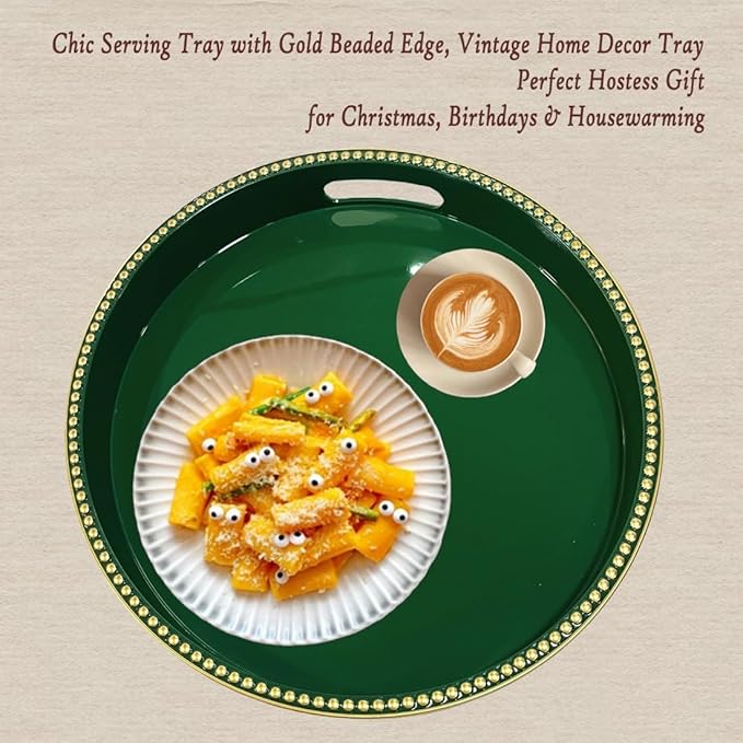 Green Decorative Tray for Coffee Table, Round Beaded Plastic Serving Tray forKitchen Counter, Ottoman, Living Room,(13")