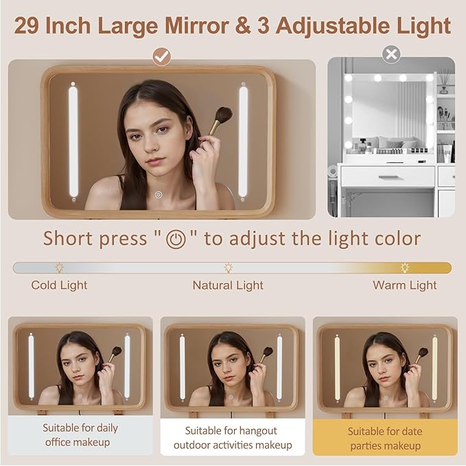 Solid Wood Vanity Desk with Mirror and Lights,Adjustable Height and Brightness, Makeup Vanity with 3 Drawers,Semi-Assembled,Dressing Table for Bedroom (Natural)