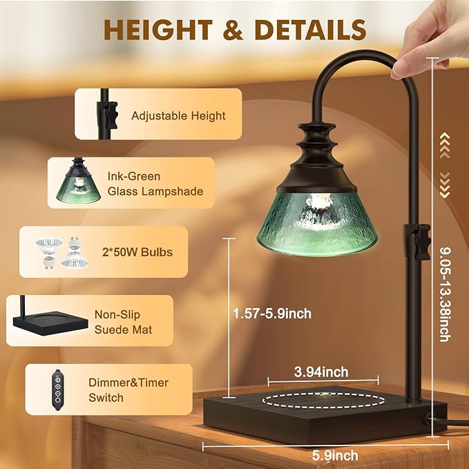 Uflatek Candle Warmer Lamp with Timer DarkGreen, Adjustable Height Dimmable Lamp with 2 Bulbs,Vintage Home Decor, Housewarming Birthday Gifts for Women Mom