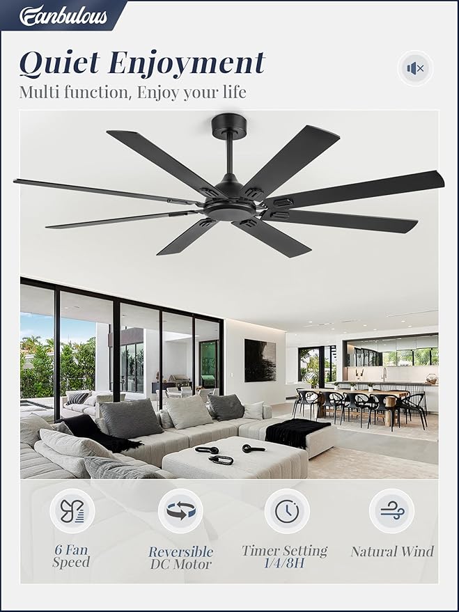 Fanbulous 72 Inch Ceiling Fans No Light with Remote, Modern Ceiling Fan Without Light, Dual Finish 8 Blades, Reversible Quiet DC Motor, 6 Speed, Large Ceiling Fan for Indoor or Covered Outdoor, Black