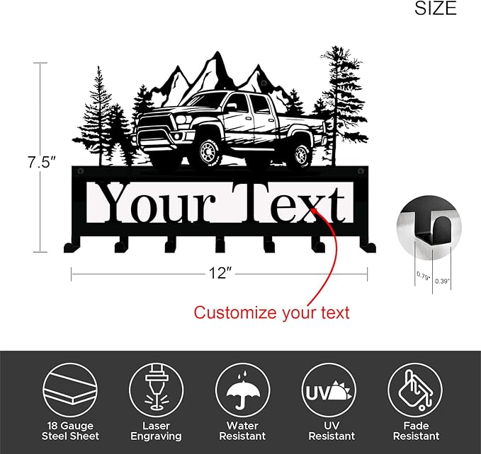 NIWAHO Personalized Family Name Metal Wall Sign with Hooks – Pickup Truck Key Rack Holder Wall Mount Customized Name for Entryway, Mudroom, Garage, or Kitchen Decor