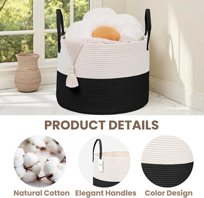 Woven Blanket Basket,65L Large Rope Storage Bin with Handles, Organizer for Blankets Toys Book and Clothes, Laundry Basket for Living Room Bedroom Nursery,White&Black