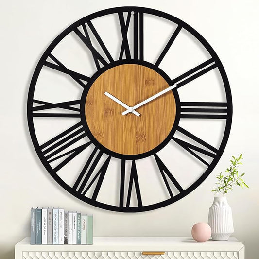 1st owned Wall Clocks for Living Room Decor,32" Vintage,Round Silent Little Ticking,Black Metal,Modern Wood Clocks for Home Bedroom,Kitchen,Garden,Office,Cafe,Modern Wall Decoration -Roman Numerals