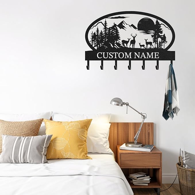Personalized Key Holder for Wall, Custom Metal Deer Cabin Key Hooks with Name, Metal Jacket Holder Hooks Organizer Rack, Coat Hanger Decor for Kitchen, Entryway, Hallway, Office, Doorway