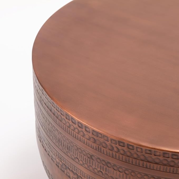 Modern Round Aluminum Hammered Embossed Texturing Metal Drum Coffee Table, Hand-Stamped Iron, Boho Accent Cylinder Drum Coffee Table, Cocktail Table, for The Living Room and Bedroom, Copper