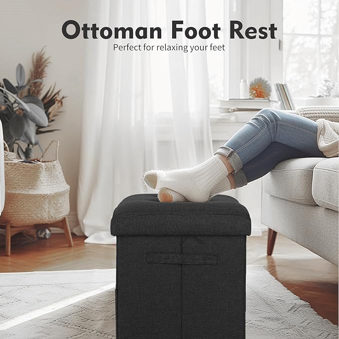 Storage Ottoman Foot Rest with Thicker Foam Padded Seat. Small Bench with Storage. 350 lbs Linen Folding Footstool Bench for Living Room, Bedroom, Home Office. 17x13x13in, Gray Black