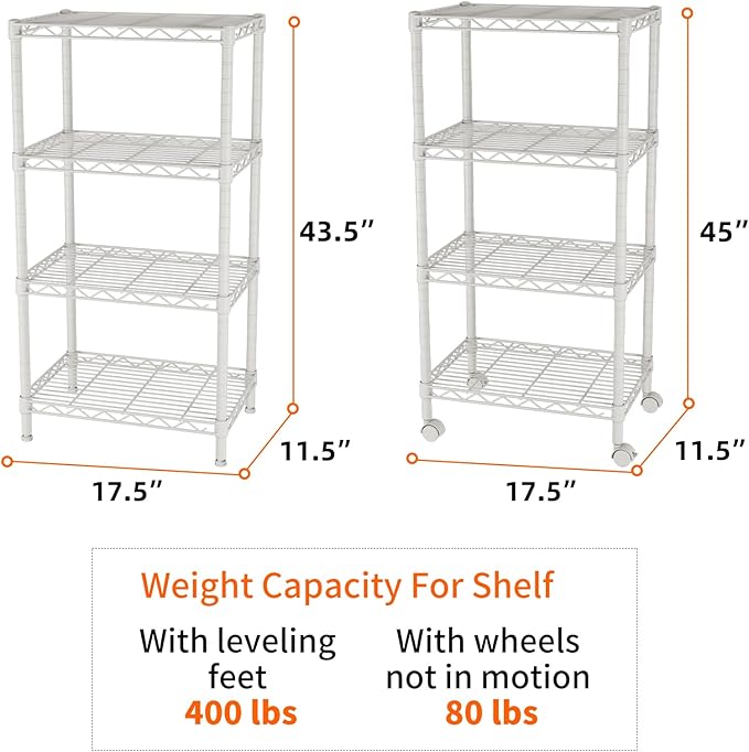 SINGAYE 4 Small Shelves Storage Shelf Wire Shelving Unit Metal Shelf Adjustable Organizers Storage Shelving with Wheels for Bathroom Laundry Room Kitchen Pantry