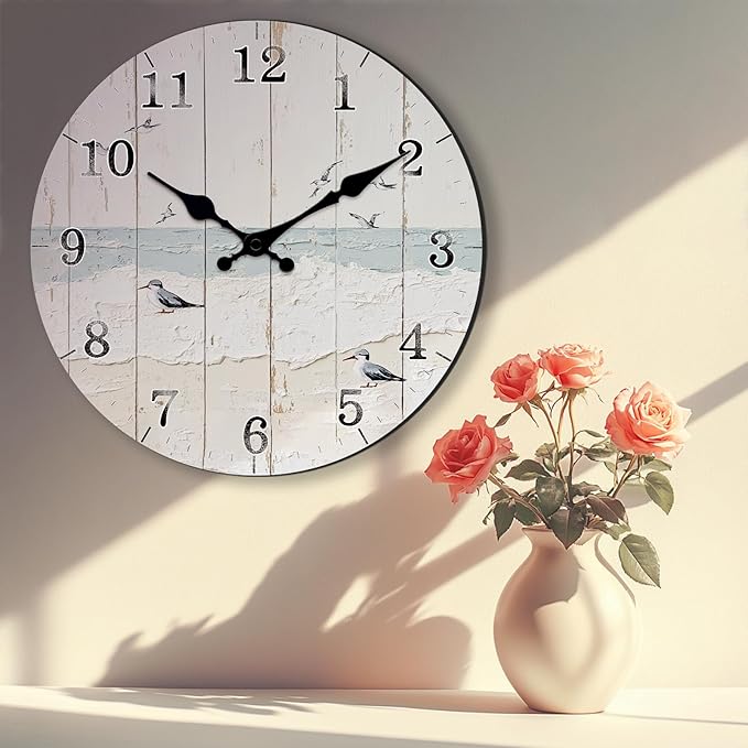 Vintage Wooden Wall Clock for Country Home Decor 12 Inch Blue Rustic Wall-Clocks Silent Non-Ticking for Kitchen, Farmhouse, Bedroom Decorative Battery Powered