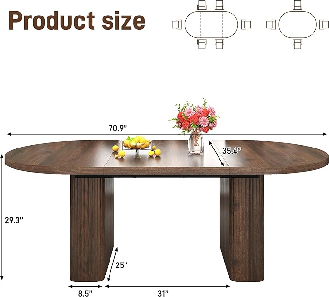 70.8 in Dining Table for 4 5 6 | Modern Walnut Rectangular Kitchen Table W/Waterproof Wood Tabletop,Farmhouse Long Dining Room Tables W/Foot Pads&Wood Strip Base for Kitchen Living Room
