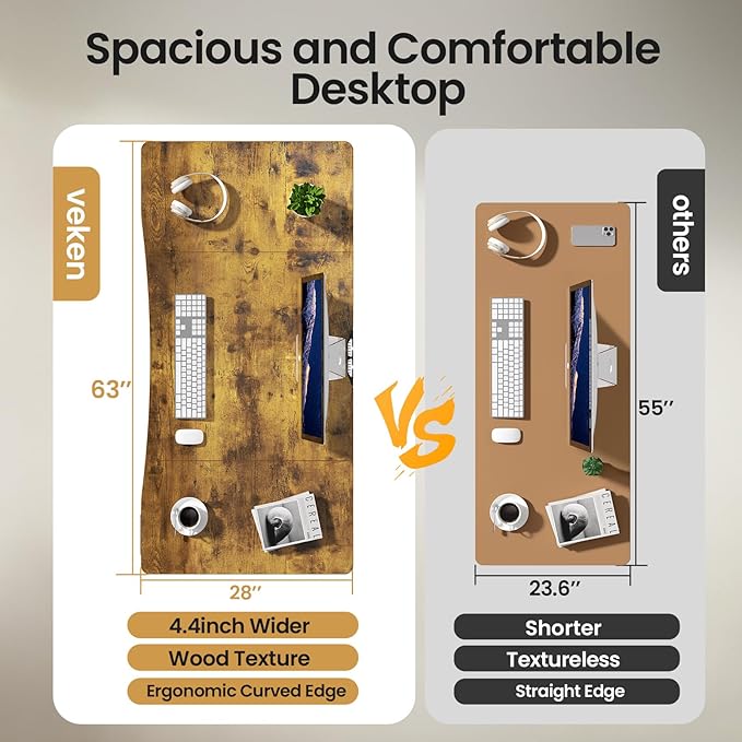 Veken 63 x 28 Inch Electric Standing Desk, Sit to Stand Up, Work Home Office Computer Table for Study, Walking Pad, Writing, and Games, Wooden Desktop Desks, Brown