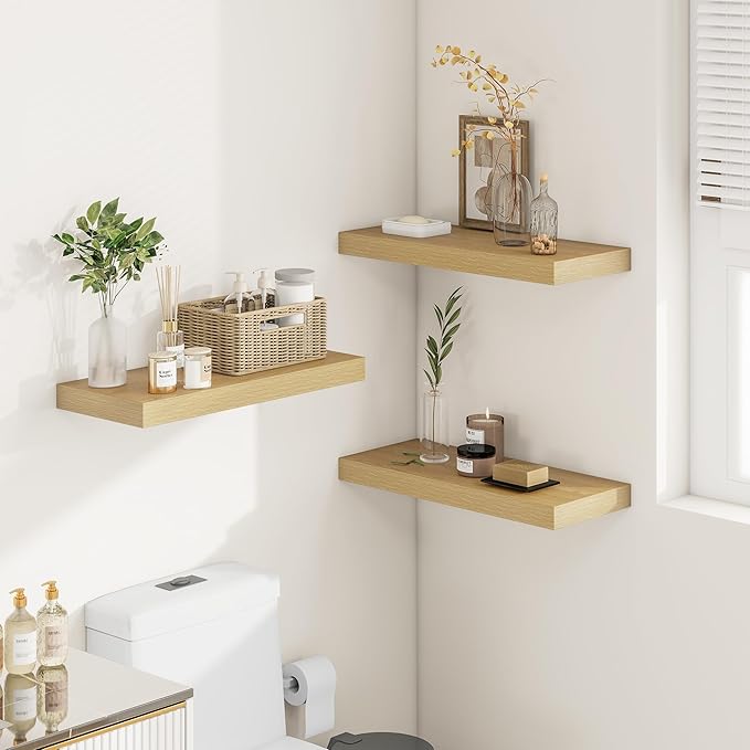 Vivelove 12 Inch Deep Floating Shelves 24 inch Long, 24 x 12 Wide Wall Shelves with Invisible Brackets, Shelf for Bedroom Bathroom Living Room Kitchen Office Home Decor, Modern Shelf Set of 2, Oak