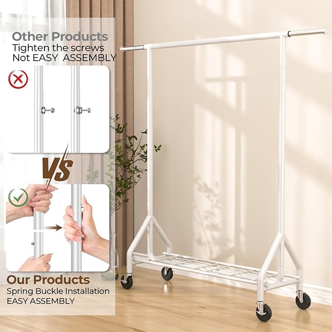 Heavy Duty Clothes Rack Load 450 LBS, Metal Garment Rack, Standing Rolling Clothing Rack for Hanging Clothes with Sturdy Wheels & Shelves, Portable Closet Wardrobe Rack,White