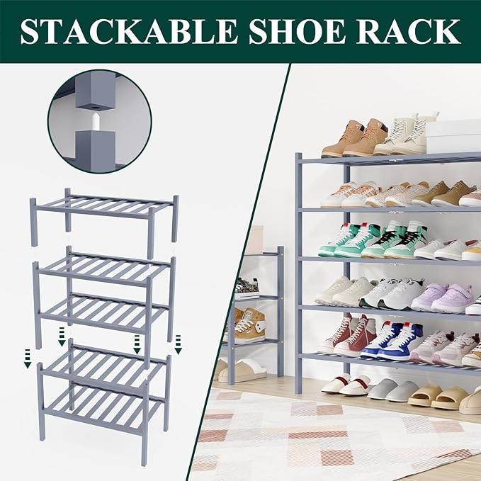 Smiry Shoe Rack, 5 Tier Long Bamboo Shoe Organizer, Stackable Free Standing Wooden Shoe Storage Shelf for Closet, Entryway, Front Door Entrance, Grey