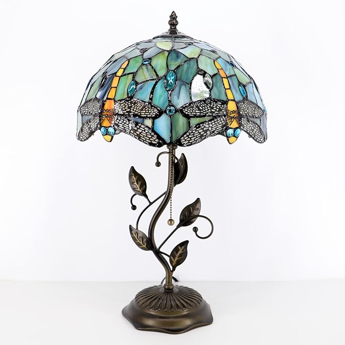 Tiffany Table Lamp, Stained Glass Style Desk Lamp, 12X12X19 Inch,Bedside Reading Light, Metal Leaf Base (Brown Dragonfly Style)