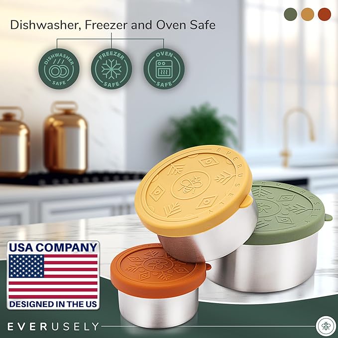 Everusely - Stainless Steel Food Containers - 3 Pack, Muted - Metal Lunch Box - Nesting Snack Containers for Office, Home Food Storage - Leakproof Silicone Lids - Dishwasher and Freezer Safe