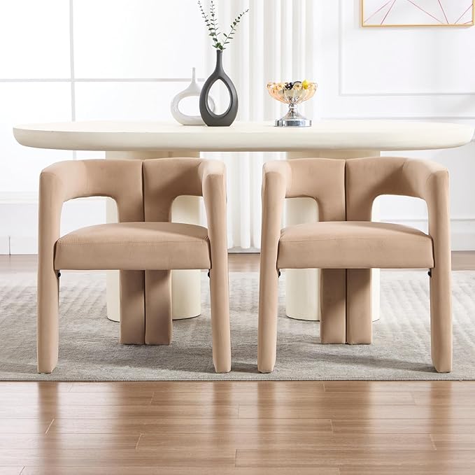 Modern Dining Chairs Set of 4, Upholstered Side Chairs Velvet Fabric Guest Chairs with Barrel Backrest Armchair for Dining Room Living Room, Khaki