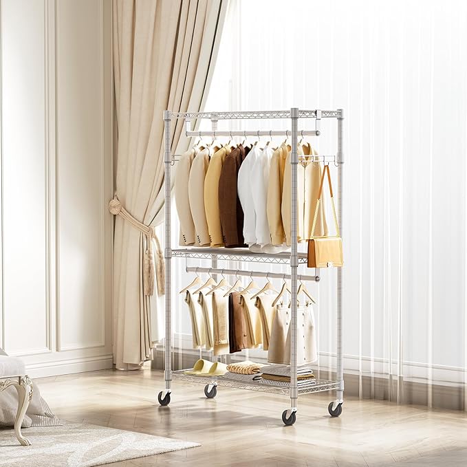 Heavy Duty Rolling Garment Rack 3 Tiers Adjustable Wire Shelving Clothes Rack with 2 Rods and Side Hooks,Storage Closet Clothing Rack with Wheels White 15.7" D x 29.5" W x 74.5" H