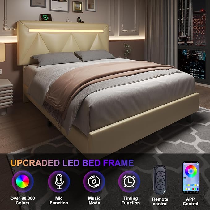 Queen Size Bed Frame with Bluetooth Speaker, LED Lights and Charging Station, Faux Leather Linen Fabric Adjustable Headboard,Modern Upholstered Bed, Wood Slat Support, Easy Assemble, Beige