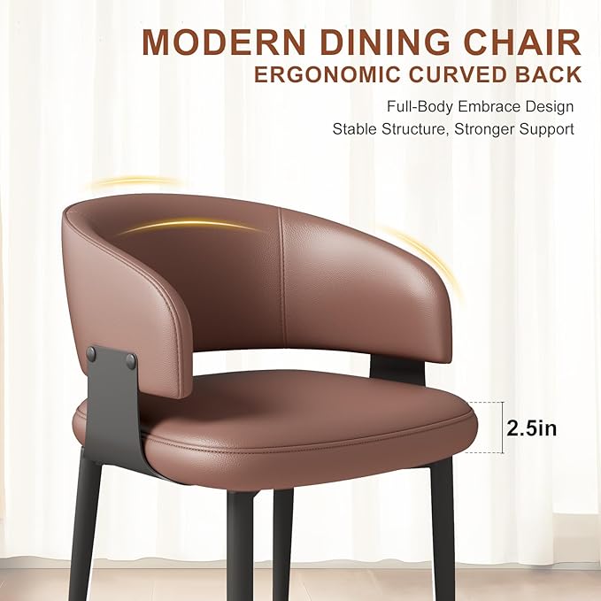 Modern Dining Chairs Set of 4, Faux Leather Upholstered Kitchen Chairs with Curved Back and Metal Legs, Mid Century Chairs for Dining Room, Kitchen, or Café (Brown)
