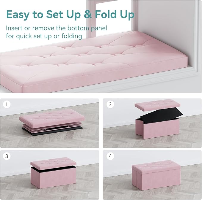 BRIAN & DANY Folding Storage Ottoman Bench, Ottoman with Storage, Foot Rest, Benches Seat for Bedroom, Living Room, Entryway, Long Shoes Bench, 15.7" x 31.5" x 15.7" Pink