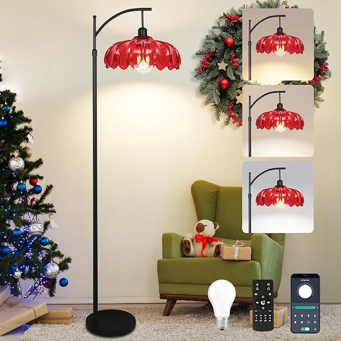 Unique Floor Lamp for Living Room with Remote,Arc Vintage Flower Standing Tall Lamp,Black Dimmable Floor Lamp with Red Glass Shade,Modern Mid Century Floor Lamps for Bedroom Office Corner